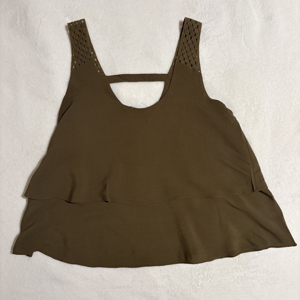 Anthropologie HD in Paris Olive Green Tiered Lace Strap Tank Top Boho Earthy 10